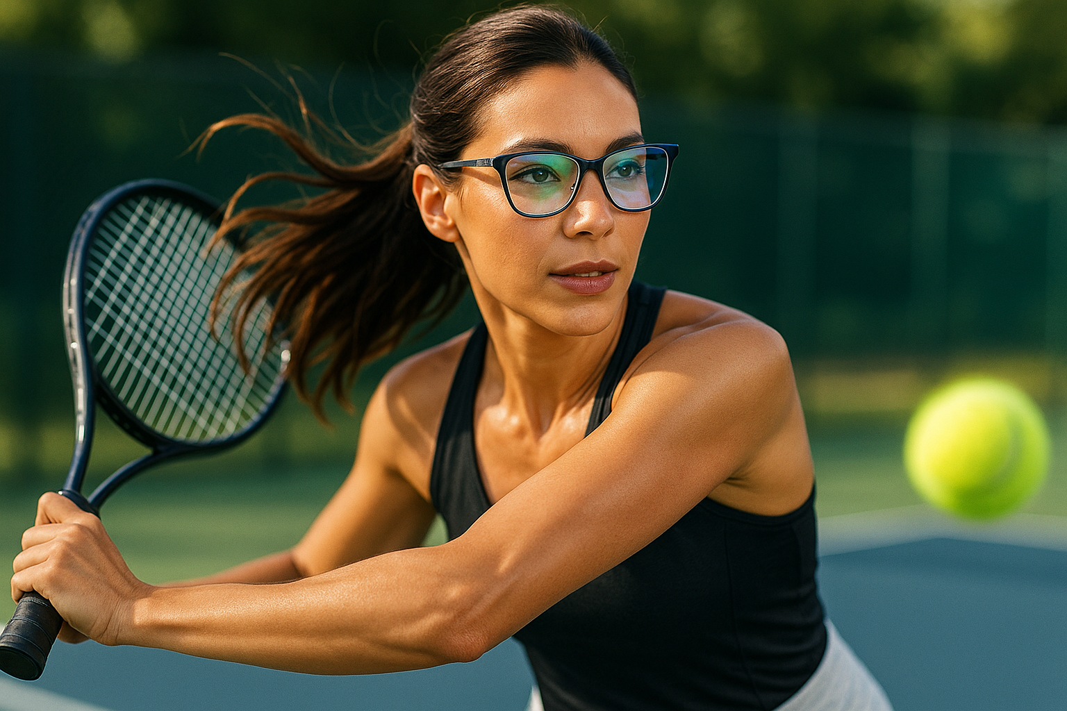 lady playing sport with progressive glasses highlighting the glasses