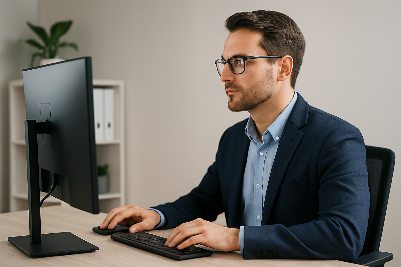 show glasses wearer looking at computer distance